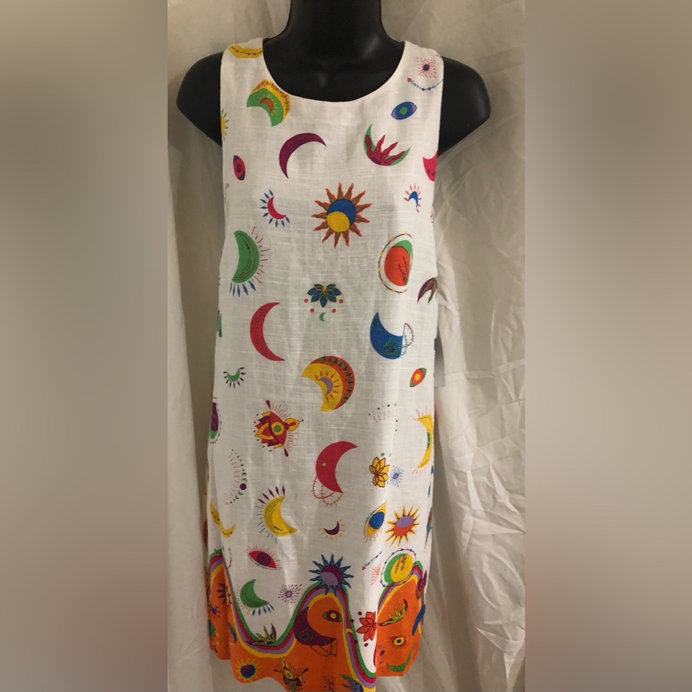celestial theme orange multi printed white shift dress size large brand new‎